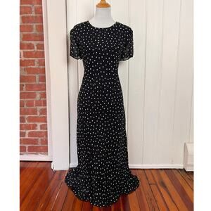 Vintage 90s Donna Ricco Black White Polka Dot Silk Maxi Dress Large